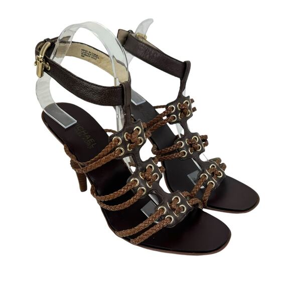 MICHAEL Michael Kors Dark Brown Leather Braided Strap Cone Heel Sandals - Picture 5 of 12
